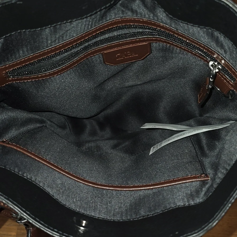 ZARA Black Leather Unisex Tote Messenger Bag